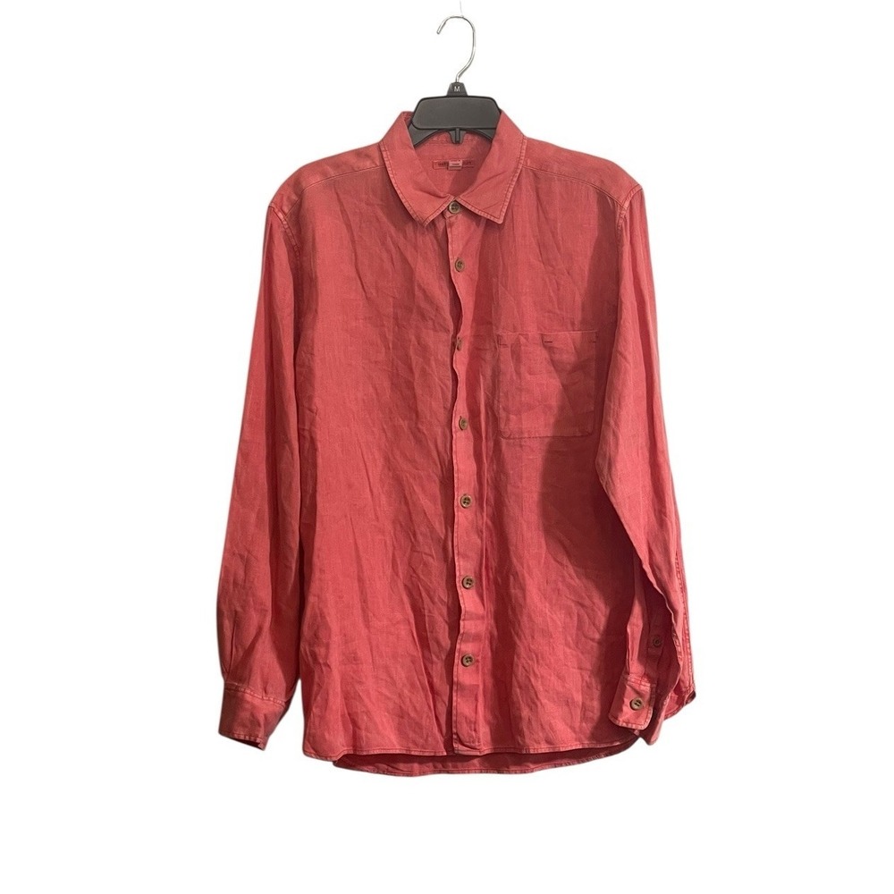 MARTIN GORDON Large Mens 100% linen Button Front Shirt Long Sleeve Coral